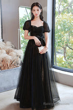 Black Tulle Long Prom Dresses Black Short Sleeve Graduation Dresses