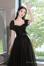 Black Tulle Long Prom Dresses Black Short Sleeve Graduation Dresses