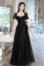 Black Tulle Long Prom Dresses Black Short Sleeve Graduation Dresses