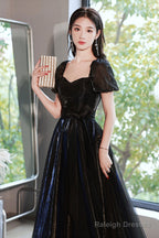 Black Tulle Long Prom Dresses Black Short Sleeve Graduation Dresses