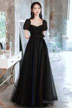Black Tulle Long Prom Dresses Black Short Sleeve Graduation Dresses