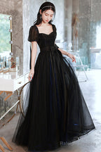 Black Tulle Long Prom Dresses Black Short Sleeve Graduation Dresses