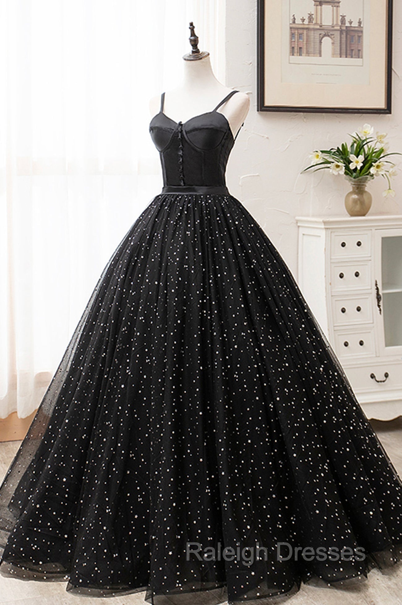 Black Tulle Long Prom Dress, Black Spaghetti Straps Formal Evening Gown Secondary image