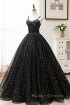 Black Tulle Long Prom Dress, Black Spaghetti Straps Formal Evening Gown