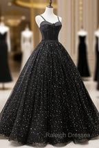 Black Tulle Long Prom Dress, Black Spaghetti Straps Formal Evening Gown