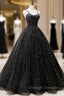 Black Tulle Long Prom Dress, Black Spaghetti Straps Formal Evening Gown