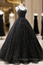 Black Tulle Long Prom Dress, Black Spaghetti Straps Formal Prom Gowns