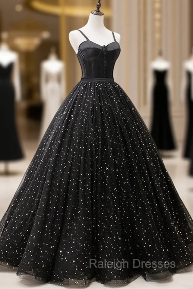 Black Tulle Long Prom Dress, Black Spaghetti Straps Formal Prom Gowns