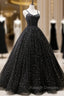 Black Tulle Long Prom Dress, Black Spaghetti Straps Formal Prom Gowns
