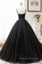 Black Tulle Long Prom Dress, Black Spaghetti Straps Formal Prom Gowns