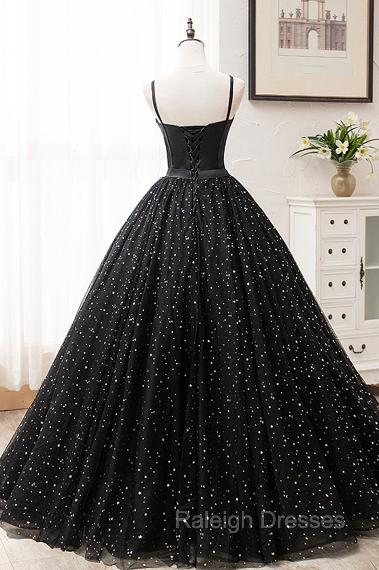 Black Tulle Long Prom Dress, Black Spaghetti Straps Formal Prom Gowns