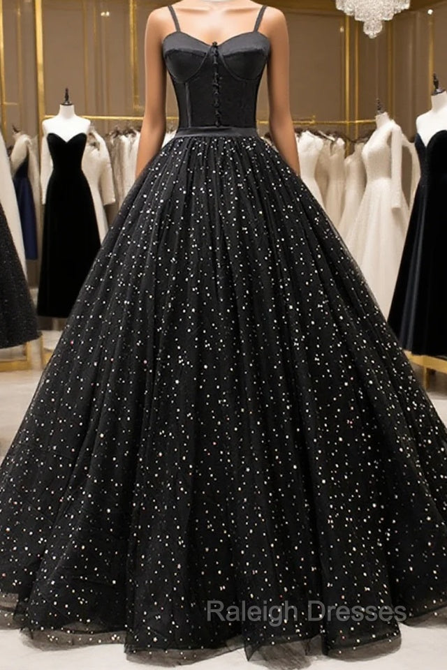 Black Tulle Long Prom Dress, Black Spaghetti Straps Formal Evening Gown Main image