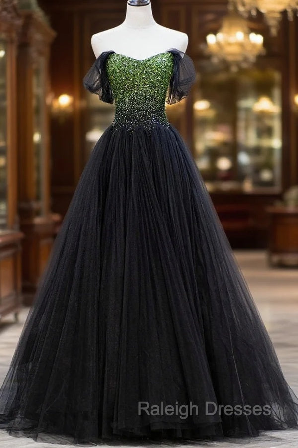 Black Tulle Long Prom Dress with Beaded, Off the Shoulder Formal Prom Dress