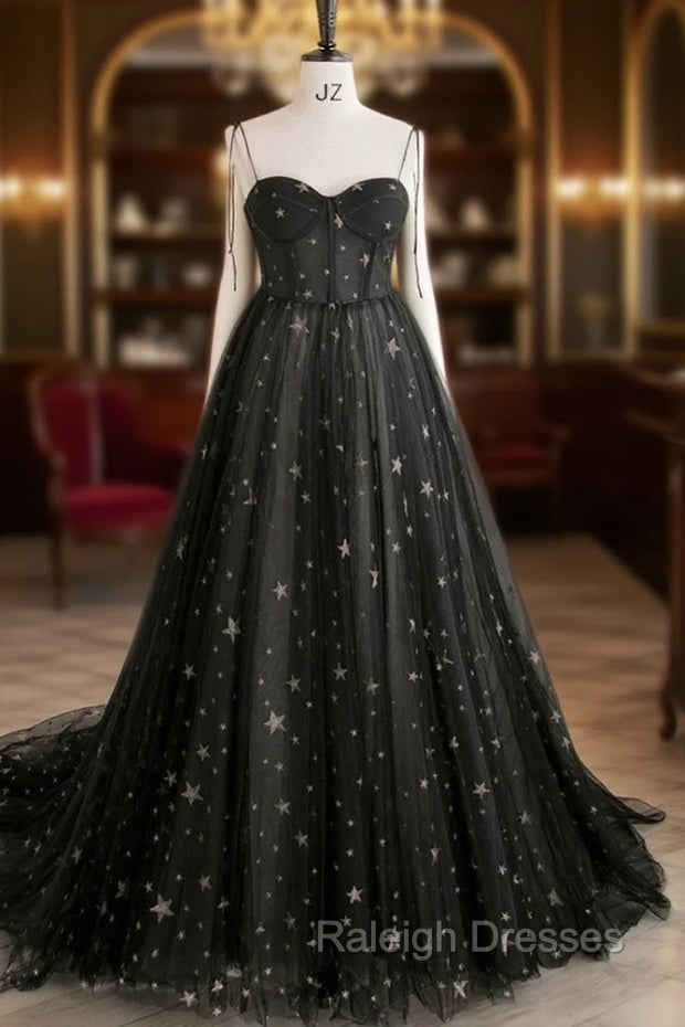 Black Tulle Long Prom Dress with Stars, Cute Spaghetti Straps Graduation Dress