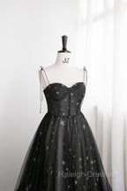 Black Tulle Long Prom Dress with Stars, Cute Spaghetti Straps Graduation Dress