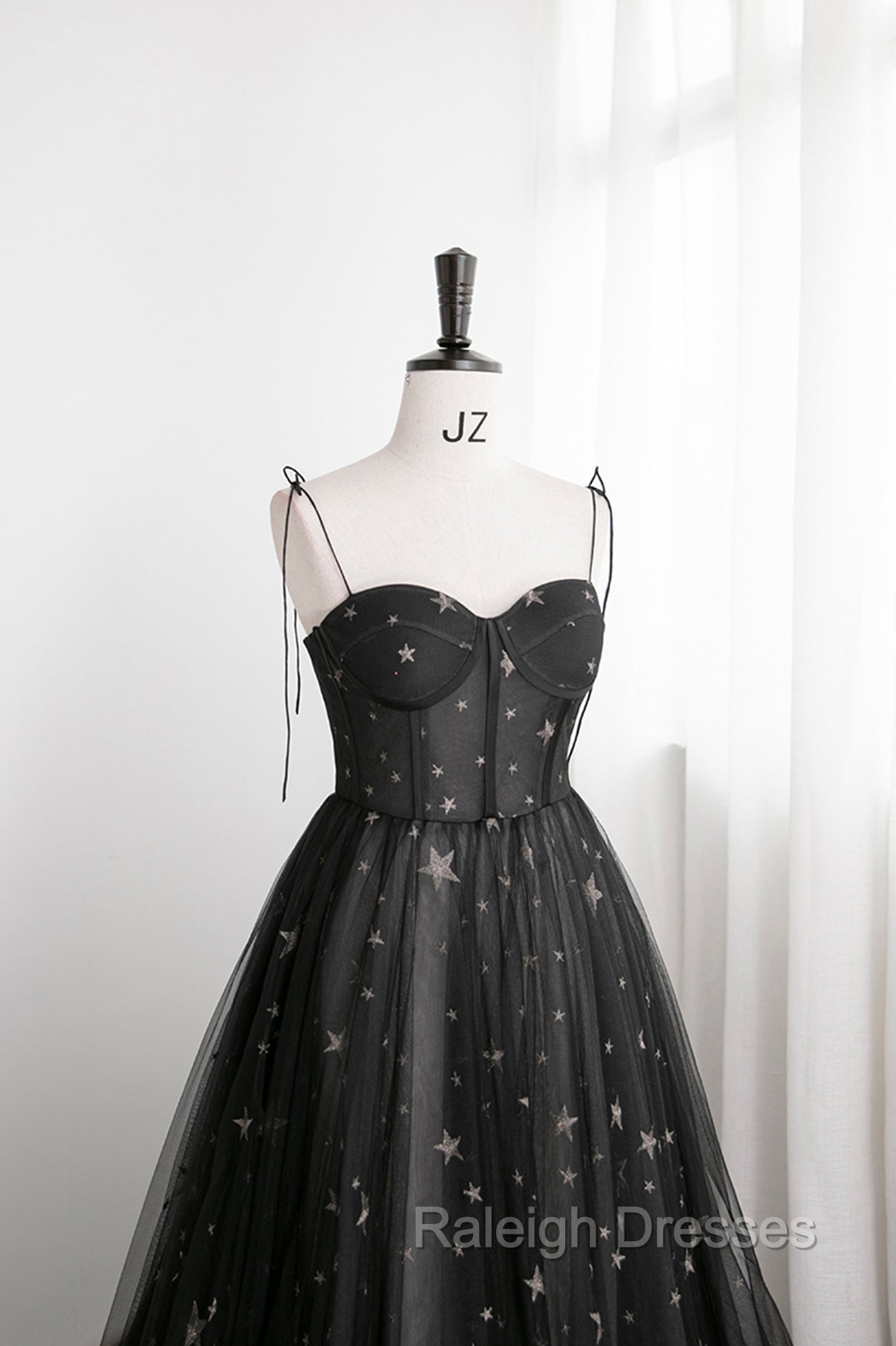 Black Tulle Long Prom Dress with Stars, Cute Spaghetti Straps Graduation Dress