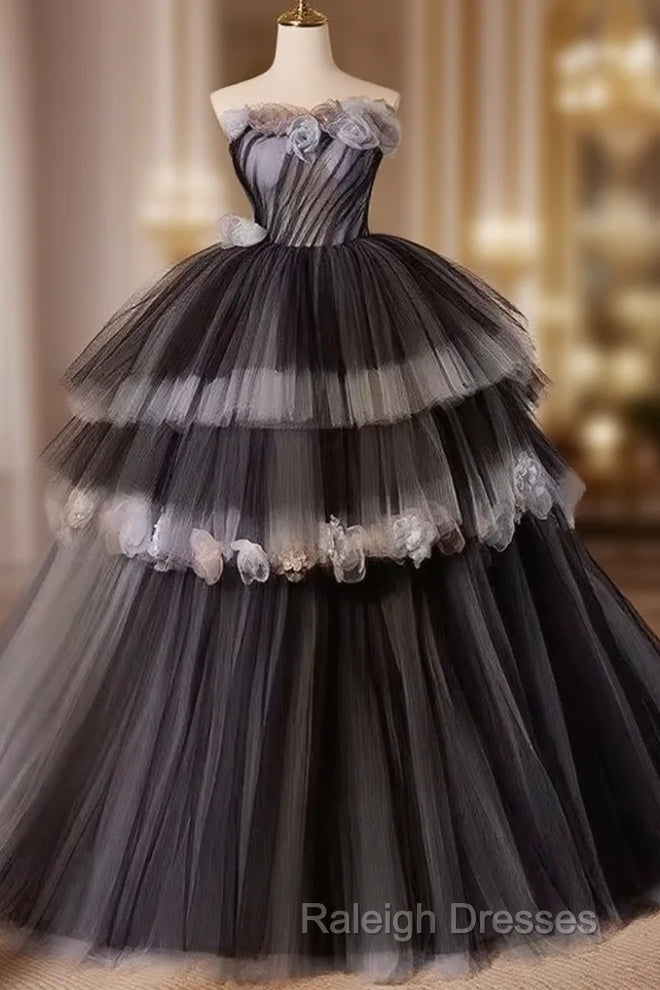 Black Tulle Long Prom Gown, Black Tulle Evening Dress Main image