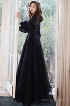 Black Tulle Long Sleeve Prom Dress, Black A-Line Evening Dress