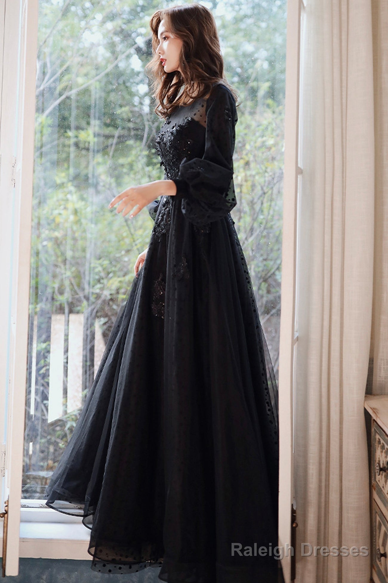 Black Tulle Long Sleeve Prom Dress, Black A-Line Evening Dress
