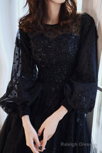 Black Tulle Long Sleeve Prom Dress, Black A-Line Evening Dress