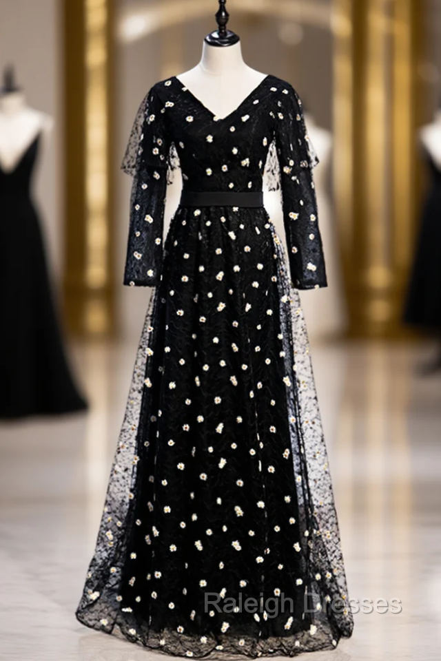 Black Tulle Long Sleeve V-neck Little Daisy Prom Dress Main image