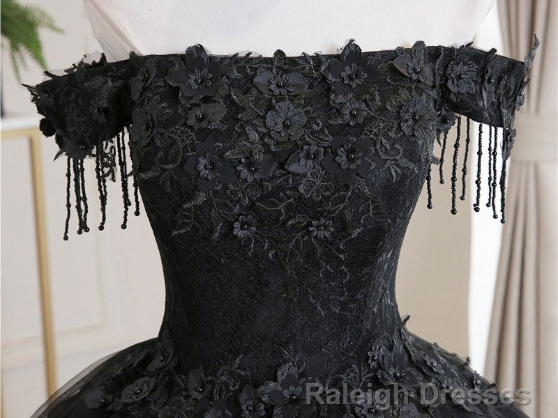 Black Tulle Off Shoulder Lace Long Prom Dress, Black Evening Dress