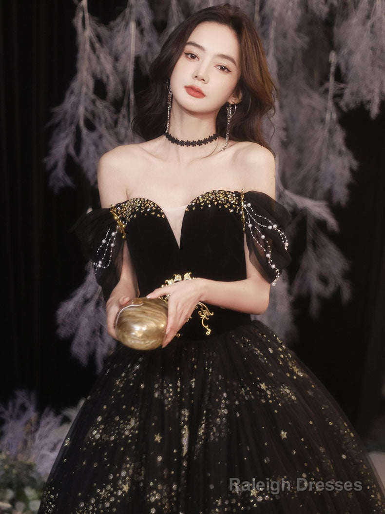 Black Tulle Off Shoulder Long Prom Dress, Black Tulle Formal Dress Secondary image