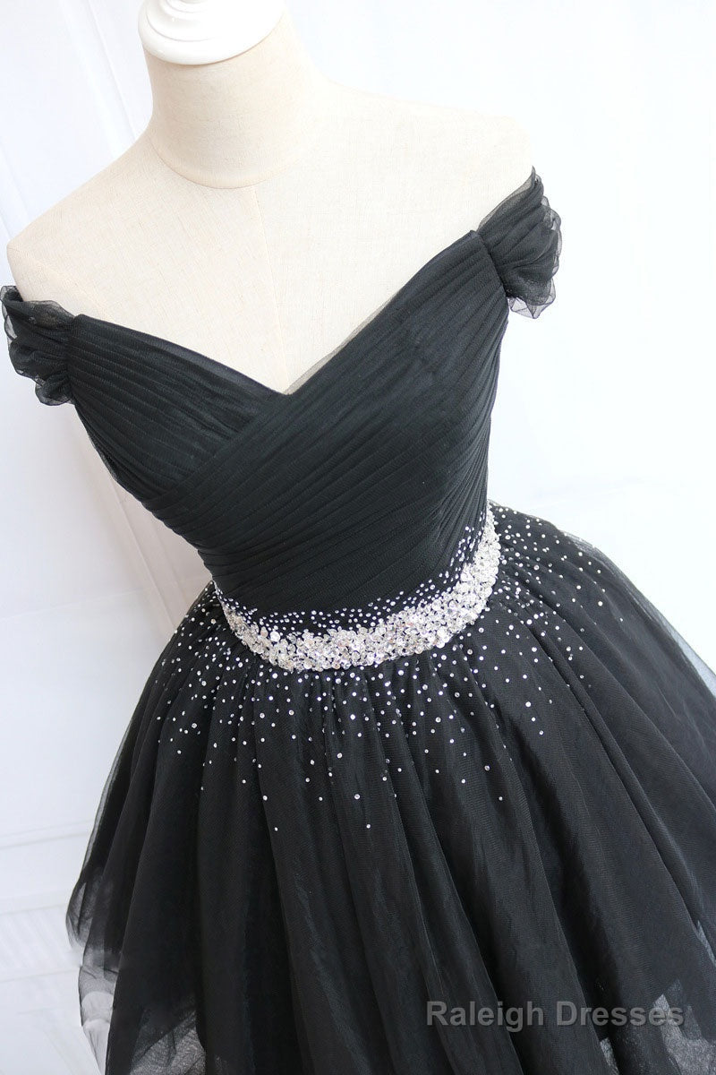 Black Tulle Off Shoulder Short Prom Dresses Black Homecoming Dresses