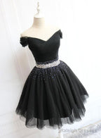 Black Tulle Off Shoulder Short Prom Dress, Black Homecoming Dress