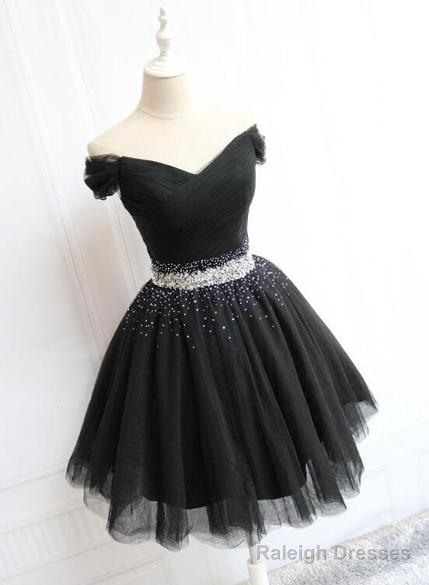 Black Tulle Off Shoulder Short Prom Dress, Black Homecoming Dress