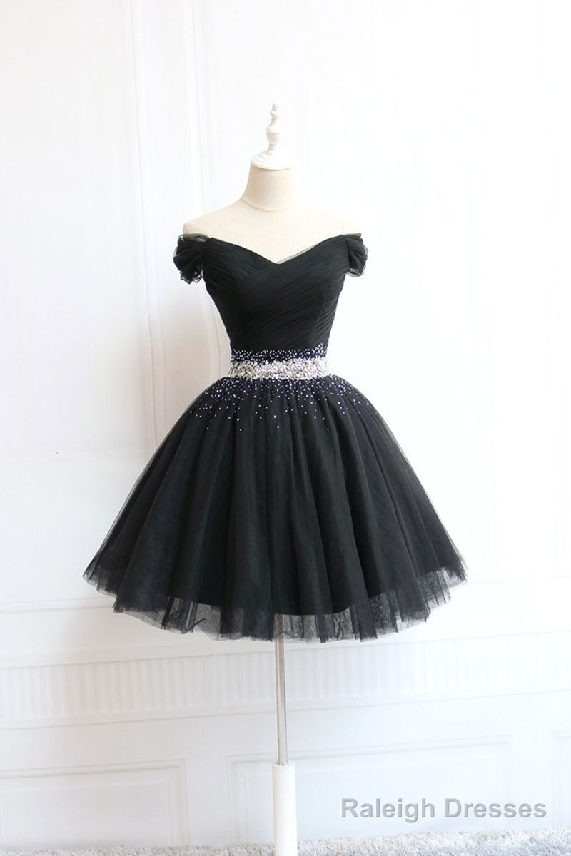 Black Tulle Off Shoulder Short Prom Dresses Black Homecoming Dresses