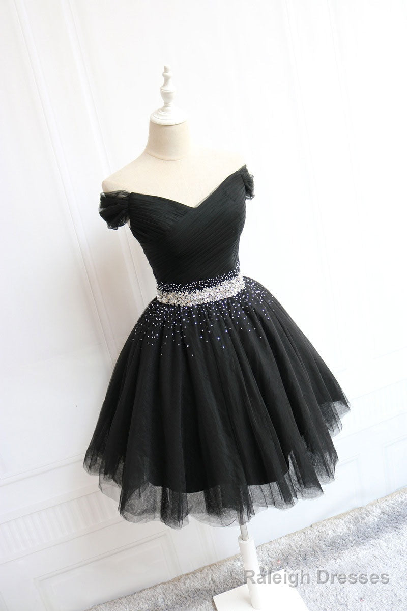 Black Tulle Off Shoulder Short Prom Dresses Black Homecoming Dresses
