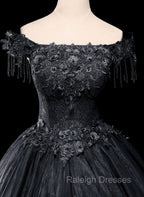 Black Tulle Off Shoulder with Lace Applique Prom Dress, Black Tulle Long Sweet 16 Dress