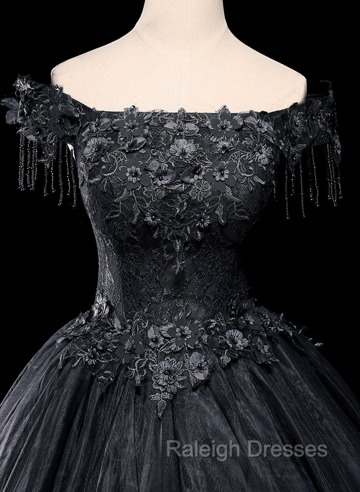 Black Tulle Off Shoulder with Lace Applique Prom Dress, Black Tulle Long Sweet 16 Dress