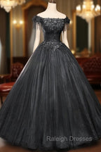 Black Tulle Off Shoulder with Lace Applique Party Dress, Black Tulle Long Sweet 16 Dress