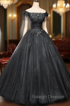 Black Tulle Off Shoulder with Lace Applique Prom Dress, Black Tulle Long Sweet 16 Dress