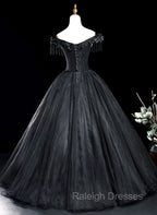 Black Tulle Off Shoulder with Lace Applique Party Dress, Black Tulle Long Sweet 16 Dress