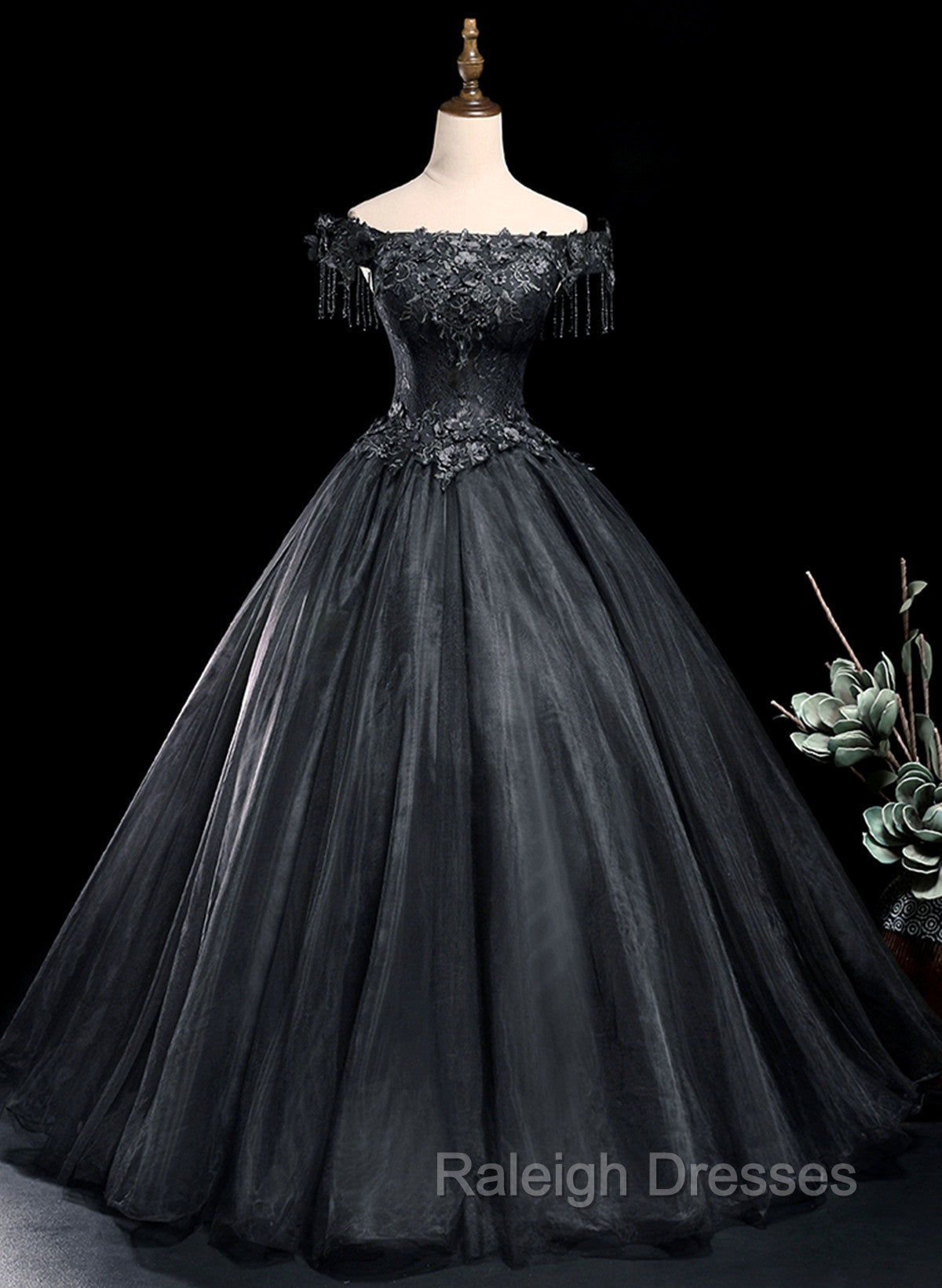 Black Tulle Off Shoulder with Lace Applique Party Dress, Black Tulle Long Sweet 16 Dress Main image