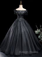 Black Tulle Off Shoulder with Lace Applique Party Dress, Black Tulle Long Sweet 16 Dress