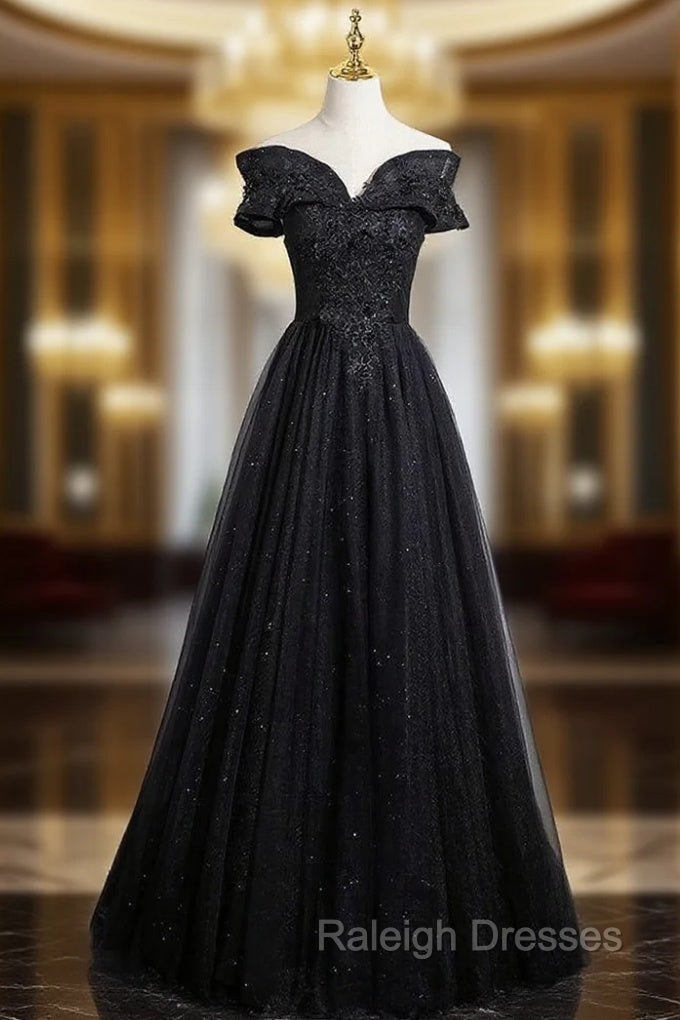 Black Tulle Off the Shoulder Appliques Prom Dress