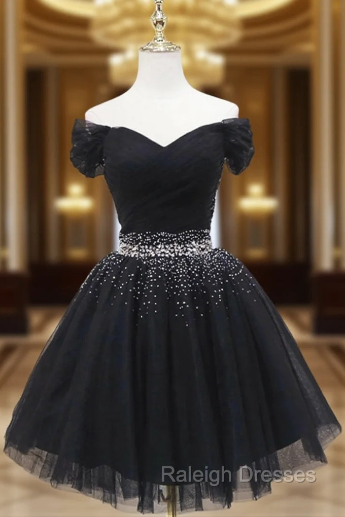 Black Tulle Off the Shoulder Pleats Beading Homeocming Dress