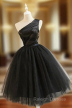 Black Tulle One Shoulder Elegant Tea Length Prom Dresses Black Prom Dresses