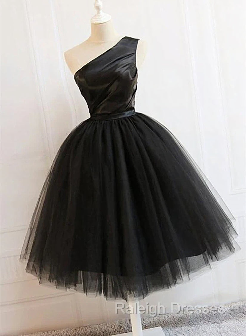 Black Tulle One Shoulder Elegant Tea Length Prom Dresses Black Prom Dresses