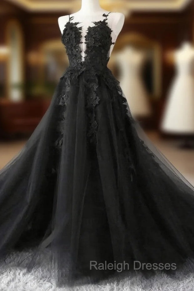 Black Tulle Party Dress with Lace Long Prom Dress, Pretty Black Evening Dress