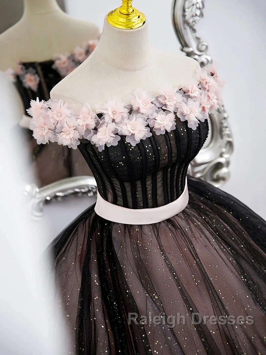 Black Tulle & Pink Flowers Sparkle Prom Dress Secondary image