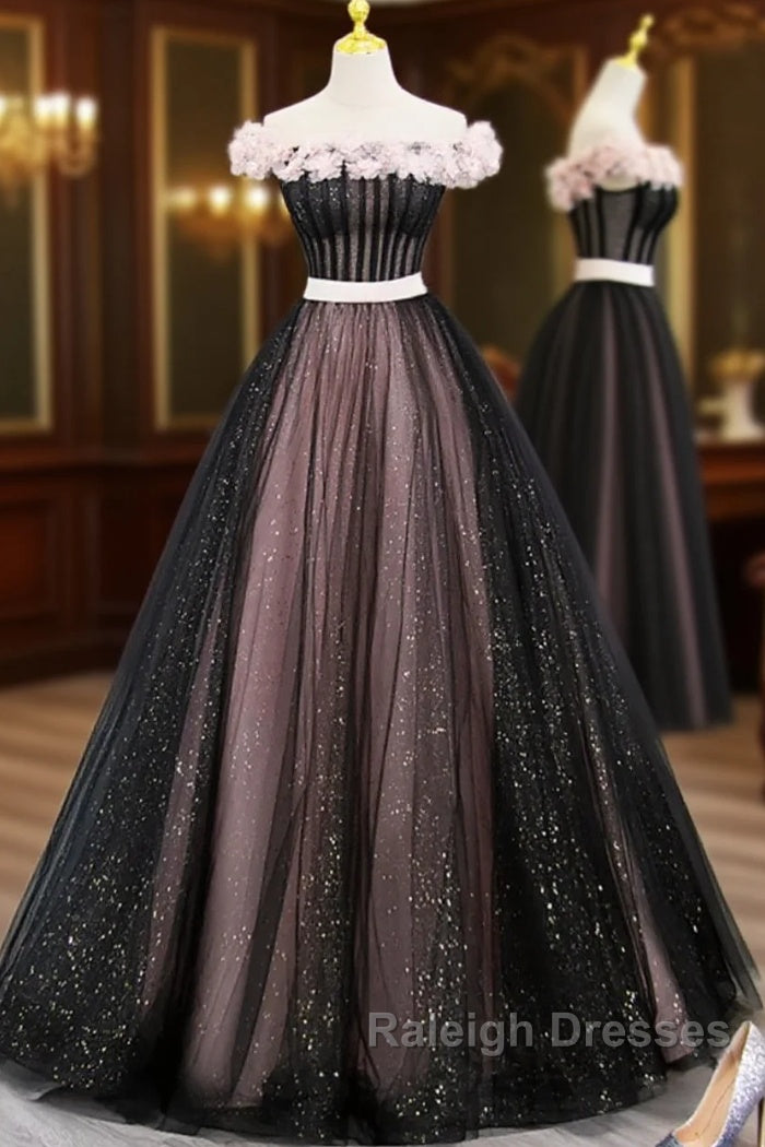 Black Tulle & Pink Flowers Sparkle Prom Dress Main image