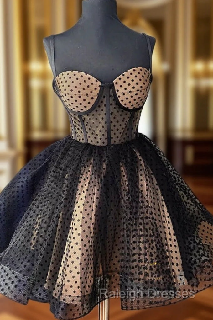 Black Tulle Polka Dots Straps Homecoming Dress