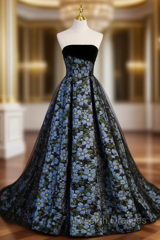 Black Tulle Print Strapless Prom Dresses