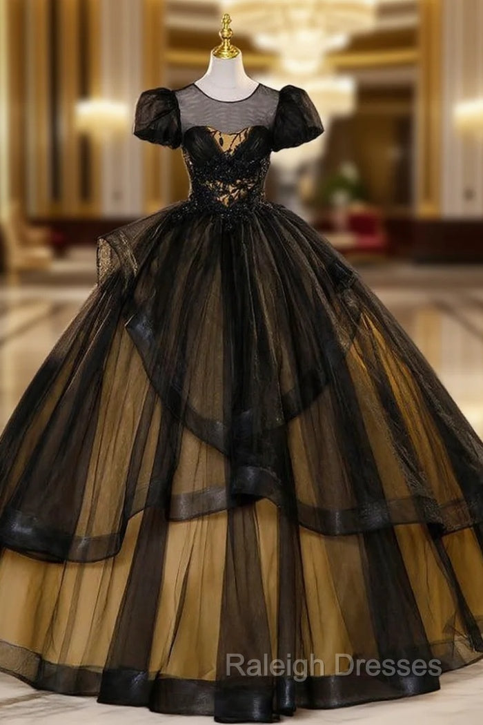 Black Tulle Puff Sleeve Appliques Beading Quinceanera Dresses