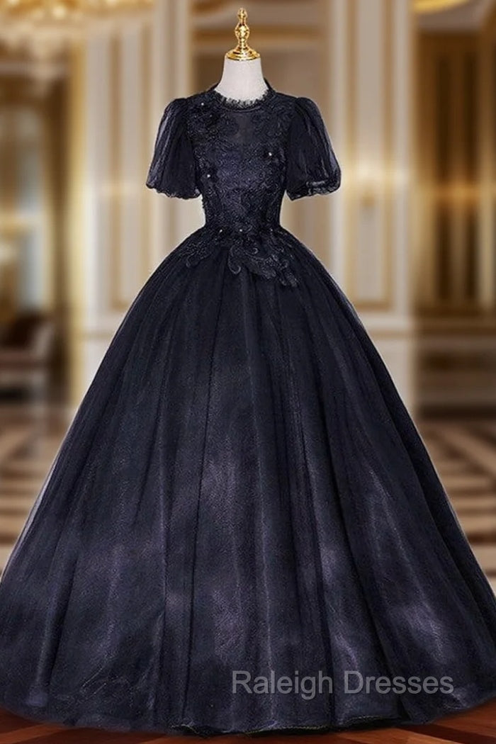 Black Tulle Puff Sleeve Backless Appliques Quinceanera Dress